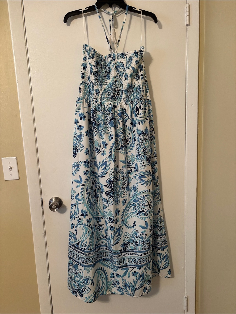 Smocked Blue Paisley Maxi Dress with Halter Ties